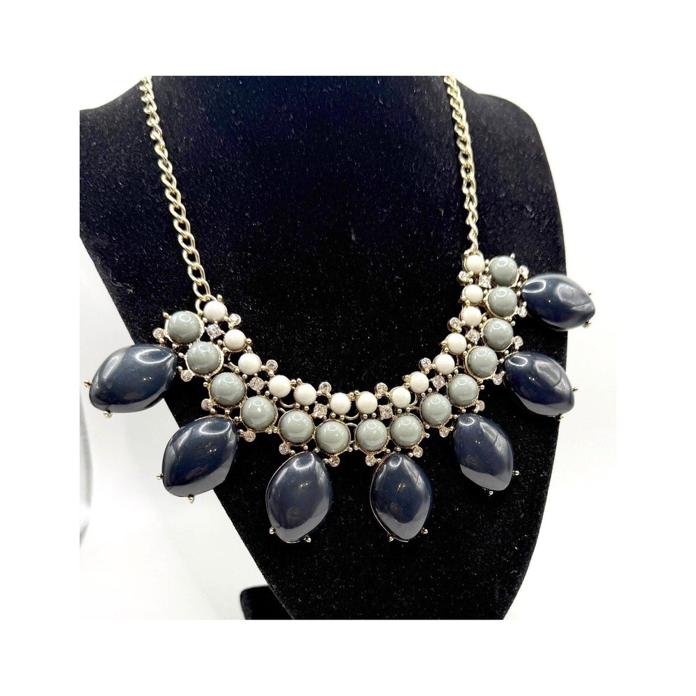 Vintage Statement Necklace‎ Rhinestones Navy Olive Green Cabochon 16–19"